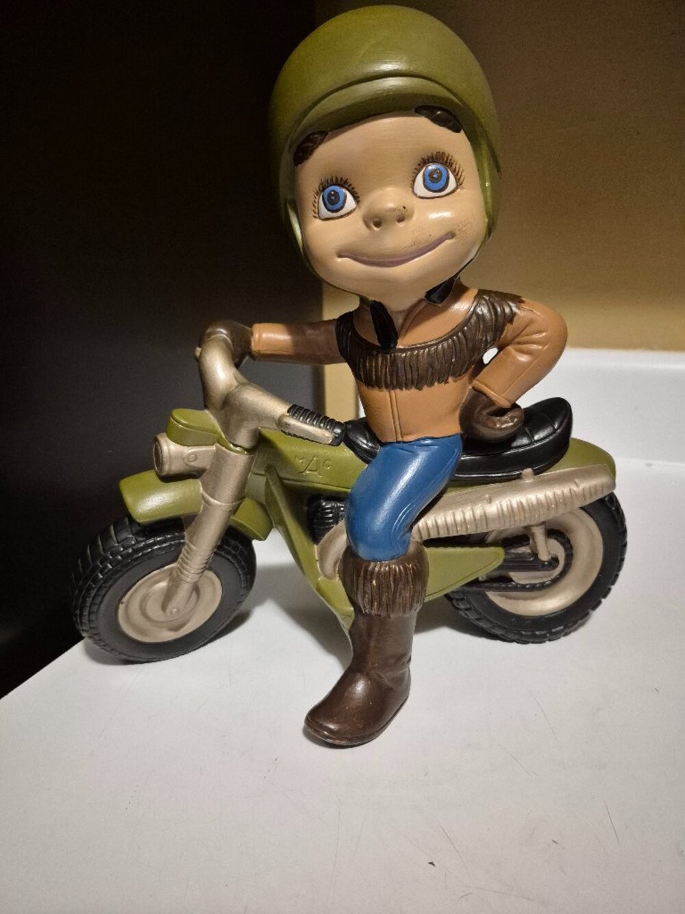VINTAGE 1970"s ATLANTIC MOLD CERAMIC SMILEY BOY "MAC" RIDING MOTORCYCLE FIGURINE